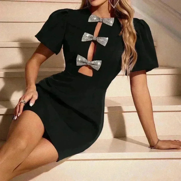 Black Elegant Women's Bow Splicing Color-Block Short Sleeve Dress - Picture 1 of 6